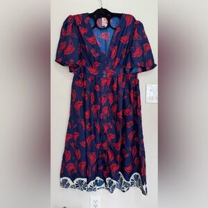 TRULY Navy and Red Leaf Print Midi Dress
